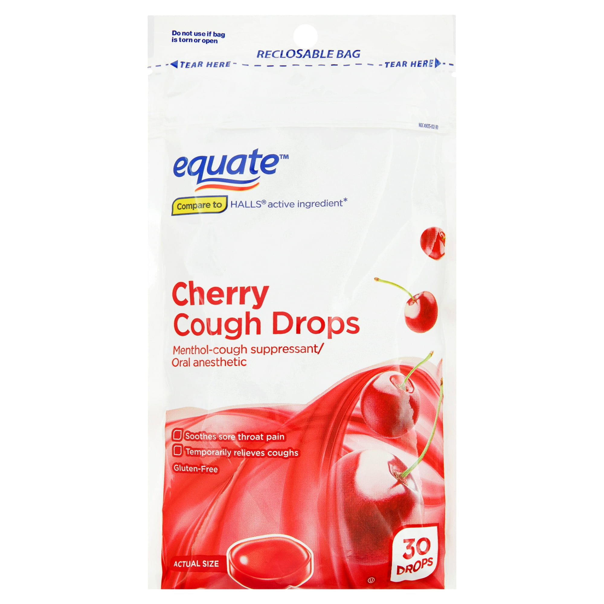 Equate Sore Throat and Cough Relief Menthol Cough Drops, Cherry Flavor, 30 Count