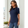 thumbnail image 3 of DARING DIVA Bow Tie Neck Office Elegant Short Sleeve Blouse Top M Dark Blue, 3 of 6