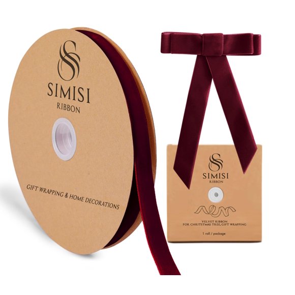Cinta decorativa SIMISI de terciopelo burdeos, 1,6 cm x 23 m