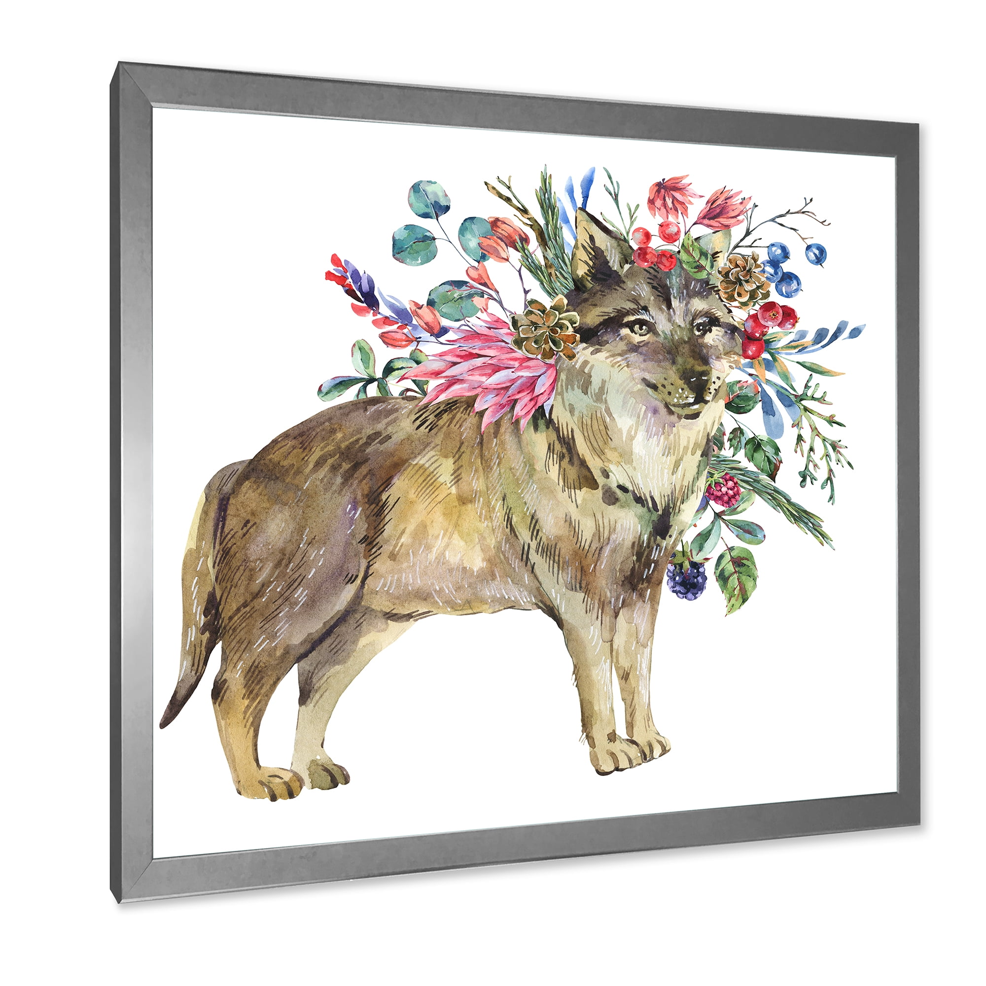Designart 'Wolf With Woodland Flowers On White' Farmhouse Framed Art Print