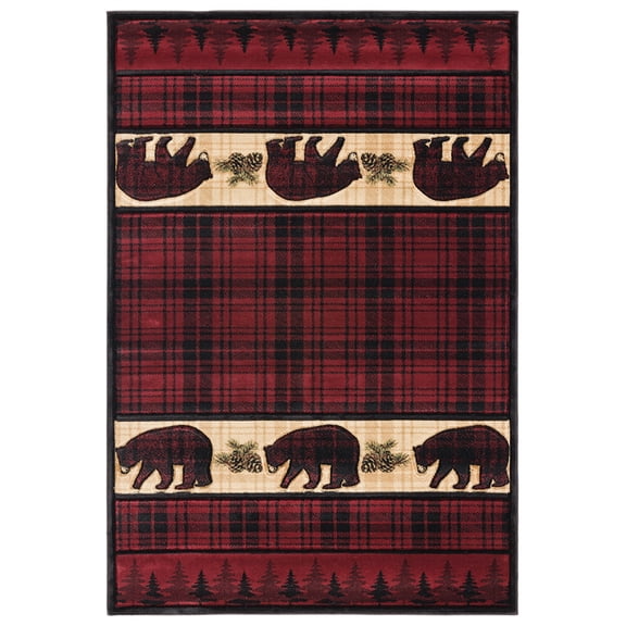 United Weavers Cottage Area Rug 2055 40834 Bear Stone Burgundy Plaid Lined 5' 3" x 7' 6" Rectangle