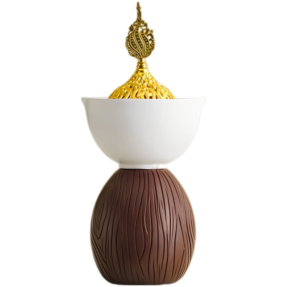Resin Wood Grain Incense Burner, Covered Leaf Bowl Incense Burner with Golden Hollow Carved Lid, Handheld Aromatherapy Furnace for Middle Eastern Arabic Festival Home Office Decor