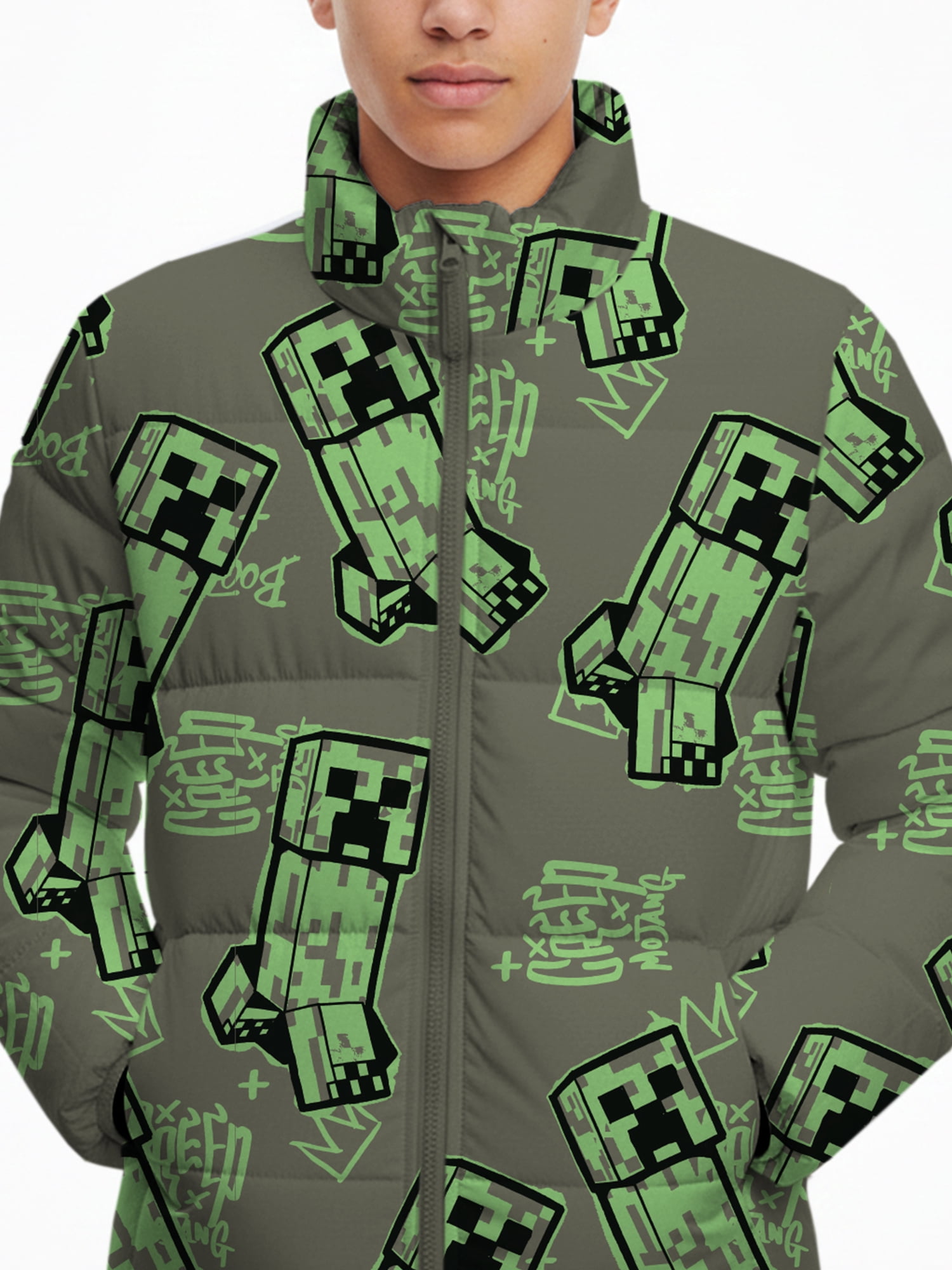 Minecraft Little and Big Boys Creeper Zip Puffer Jacket, Lightweight, Sizes 4-16