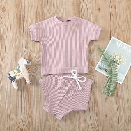 

Tejiojio Girls and Toddlers Soft Cotton Clearance Infant Kids Baby Boys Girls Solid Ribbed Stitch Tops T-shirt Shorts Outfits Set