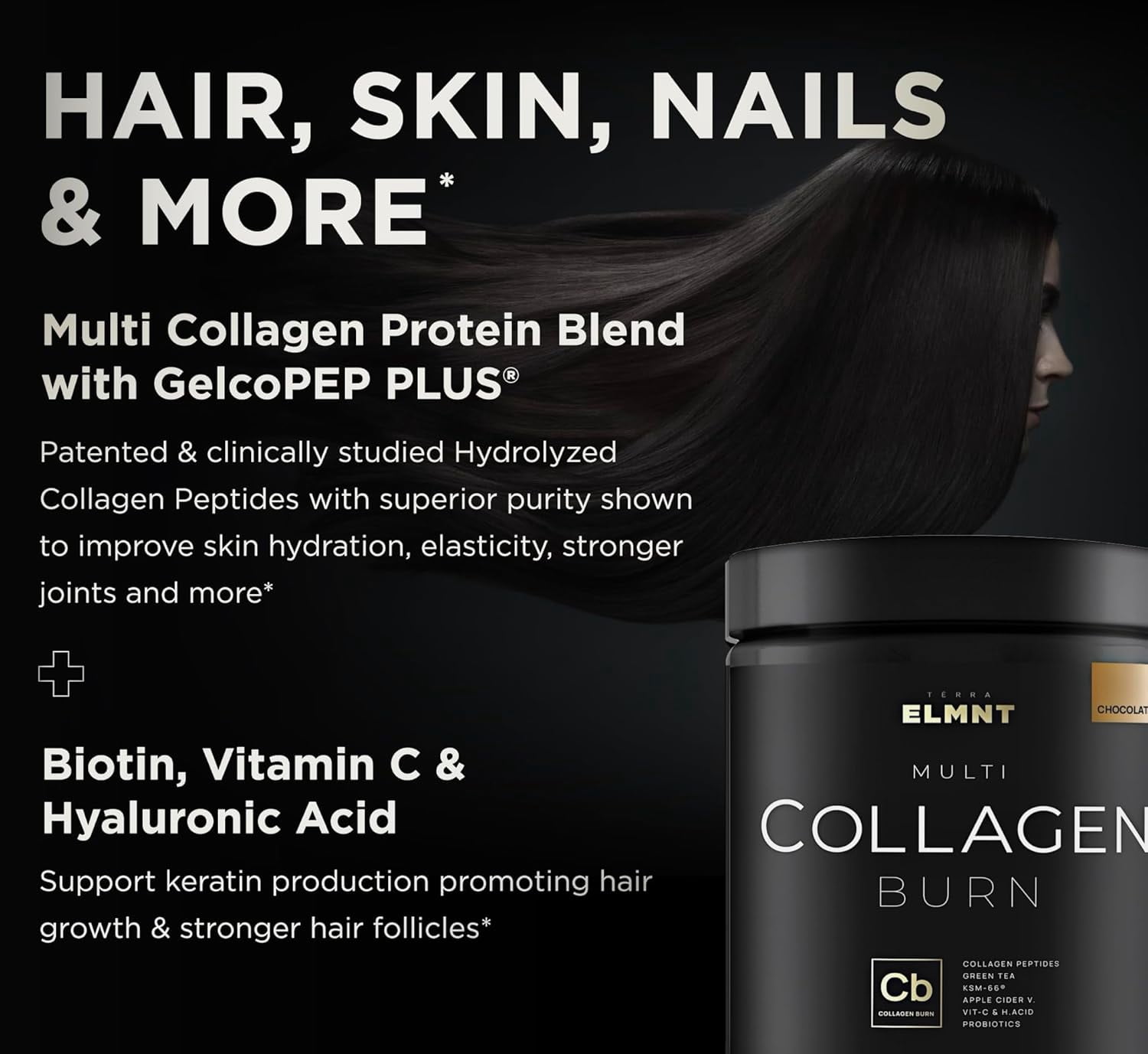 ELMNT Super Collagen Burn - Multi Collagen Peptides Powder for Women w. Apple C Vinegar (Chocolate)