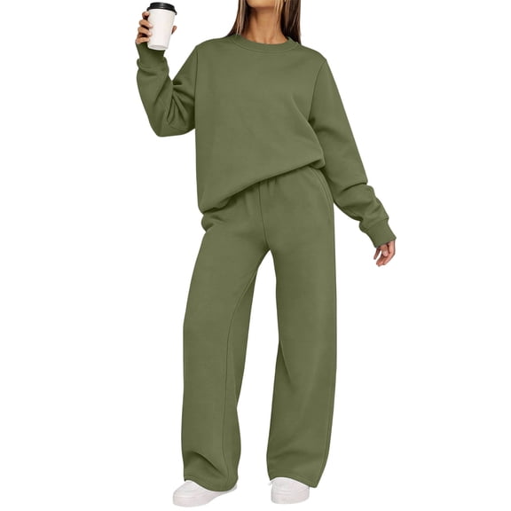 Athletic Outfit Sets 2 Piece Women Solid Crew Neck Long Sleeve Sweatshirt Drawstring Wide Leg Sweatpants Army Green S