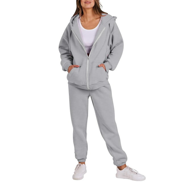 UAMVSH Sweatsuits Women 2 Piece Outfit Zip Up Jacket Jogger Pants Matching Set Oversized Hooded Sweatshirt Lounge Set with Pockets