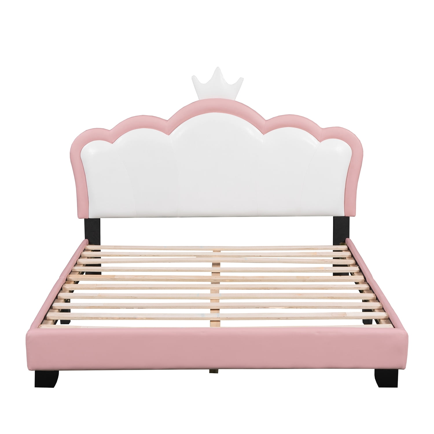 Harper & Bright Designs Full size Princess Bed with Crown Headboard, PU Leather Pink Full Platform Bed Frame for Boys Girls Bedroom