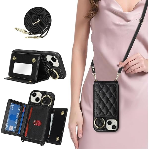 wonima11 for iPhone 14 Case with Card Holder and Strap for Women,Crossbody Lanyard, Make Up Mirror,Ring Stand,Snap Clasp,Cute Phone Wallet Cases 6.1 inch - Black
