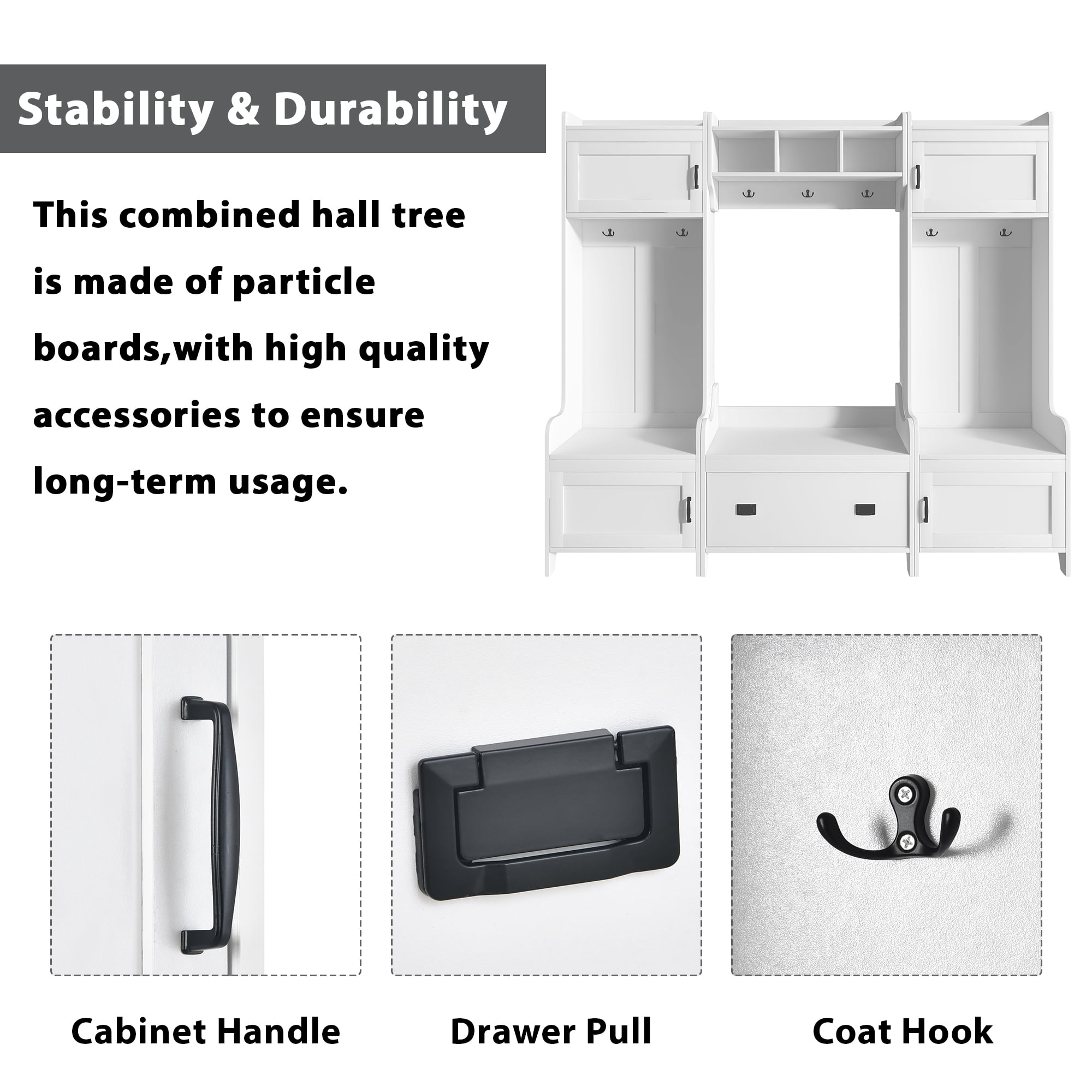 MAYEERTY Modern 4-in-1 Hallway Coat Rack: Bench, Storage Drawer, 7 Hooks, White