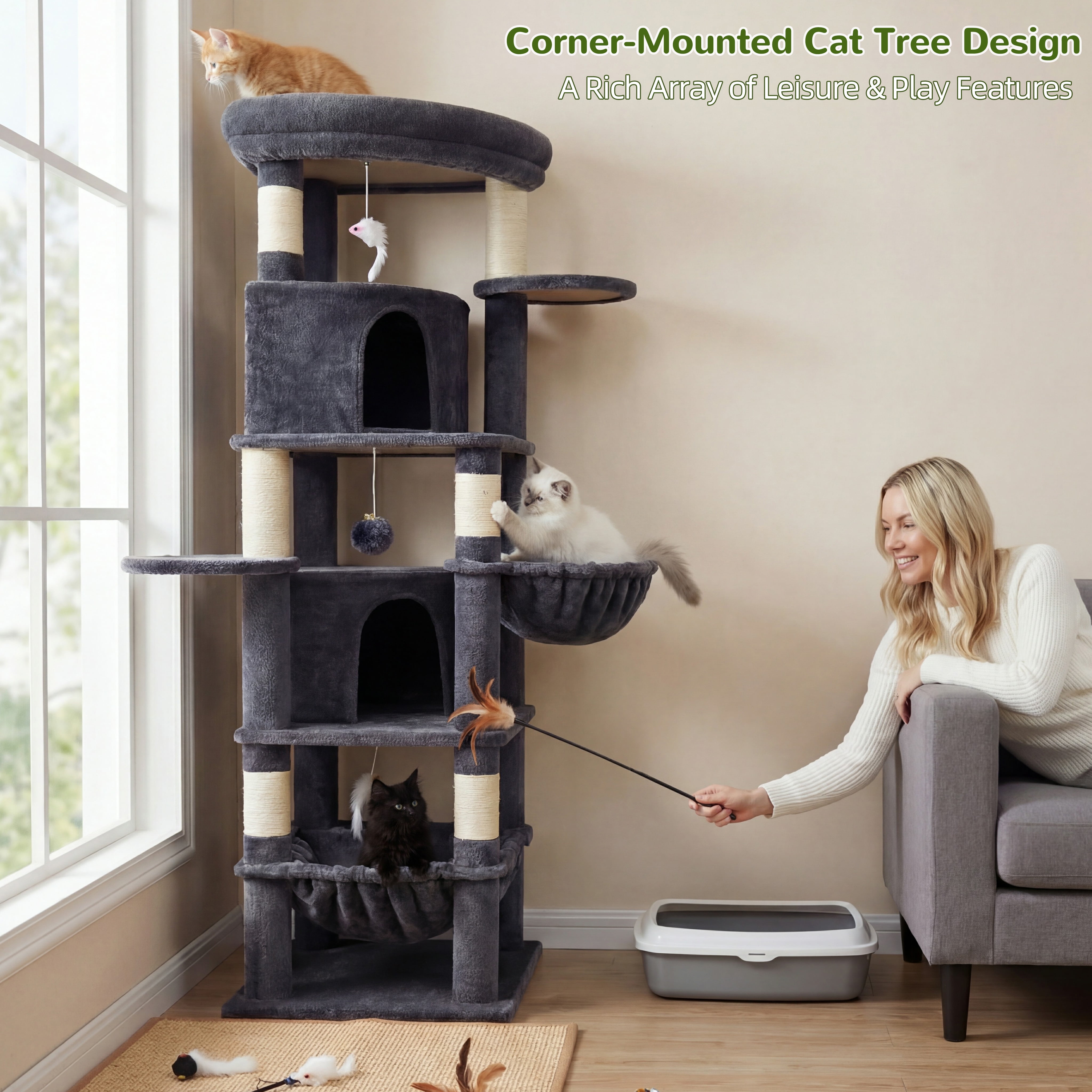 Globlazer 68" XL Corner Large Cat Tree Tower Condo with 6 Sisal Scratching Posts, 2 Condos, Hammock & Hanging Basket, Dark Gray