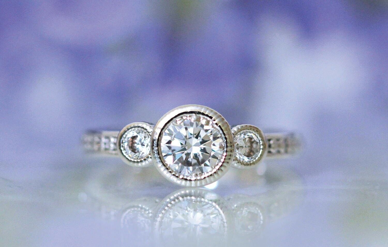 HeartsAndYou 3 Stone Bezel Set Engagement Ring for Women 1.2ct Round Cut Moissanite 18k White Gold Over Silver