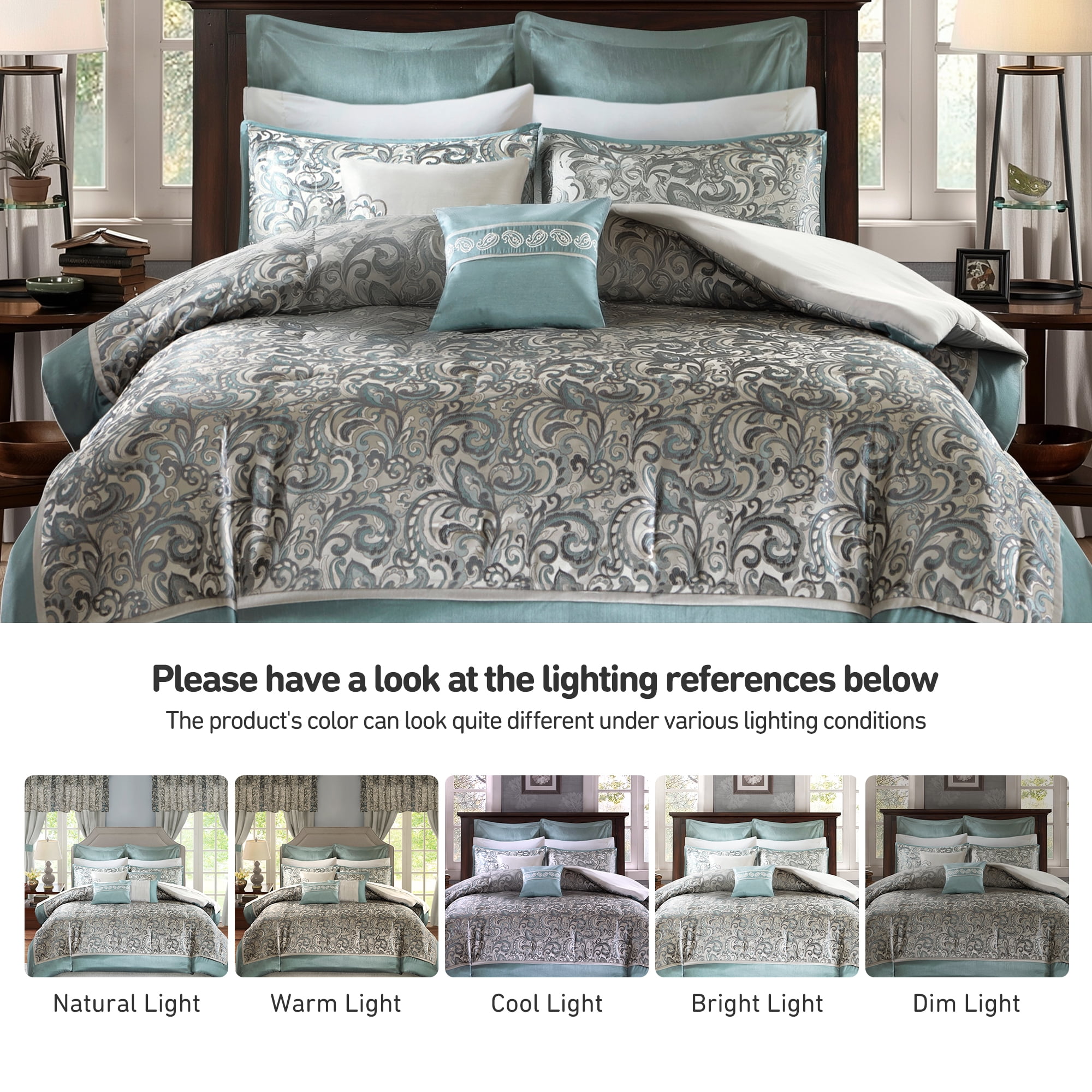 Regency Heights 8 Pieces Jacquard Comforter Set with Bedskirt and Decor Pillows, Queen, Teal