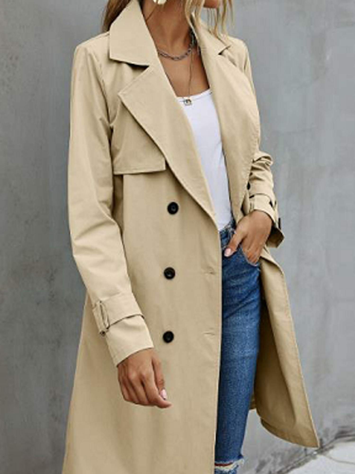 Spring hue Women Jacket Long Sleeve Lapel Double Breasted Belted Trench Coat - image 4 of 5