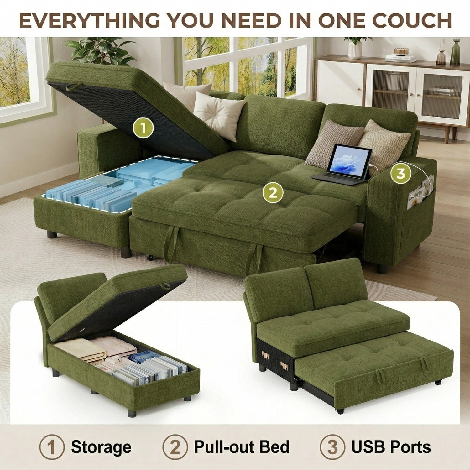 81" Sectional Sleeper Sofa Bed with Pull Out Couch, L-Shaped Chenille Fabric Sofa with USB Ports and Storage Chaise, Emerald Green