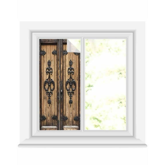Window Privacy Film Barn Door Stained Glass Window Film Decorative Sun Block Window Cover Farmhouse Wooden Grain Rustic Tribal Pattern Window Clings Static Adhesive Sticker for Bathroom 19.6"x39.3"