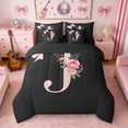 thumbnail image 3 of Erosebridal Black Pink Letter J Floral Bow Print Bedding Comforter Set, Monogram Style King Bedding Sets for Girls, Black Reversible 7pcs, 3 of 6