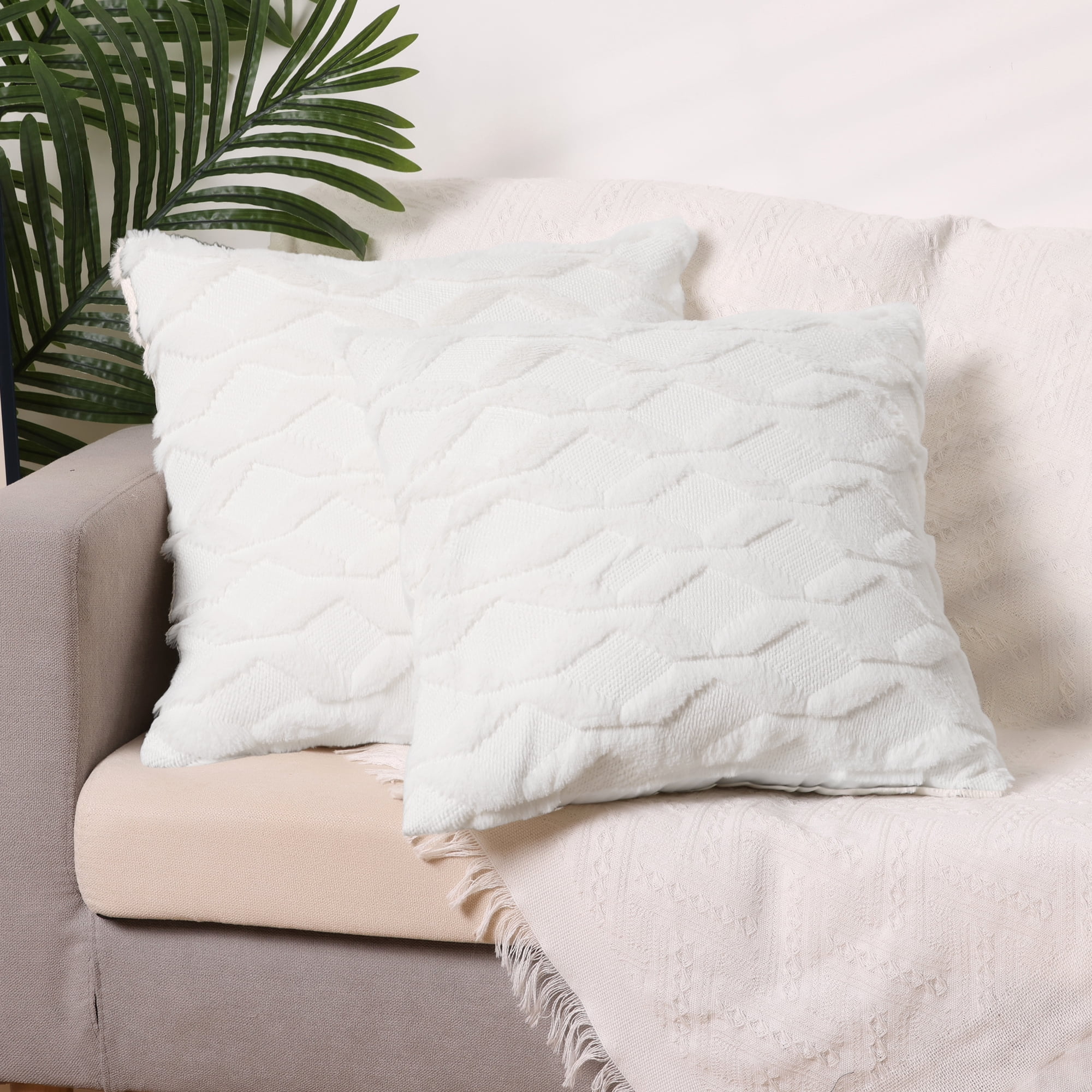 Unique Bargains Short Plush Solid Living Room Decorative Pillow Covers (2 Count) White 18" x 18"