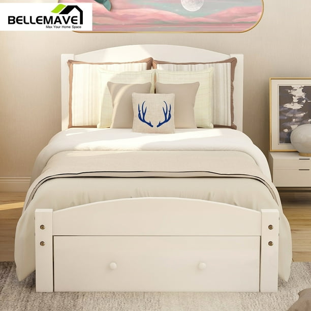 Bellemave Twin Solid Wood Bed Frame with Storage Drawer, Kids Platform