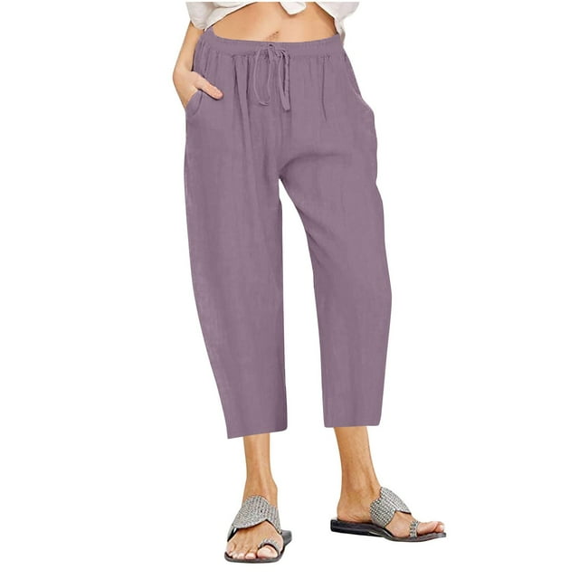 Timegard Cotton Linen Capris Pants for Women Plus Size Elastic Waist Drawstring Solid Color Cropped Trousers