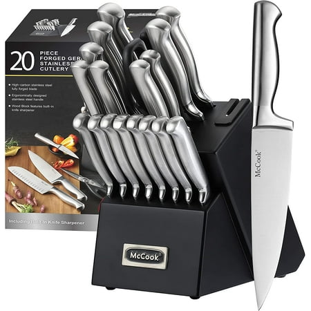 

McCook MC69B Knife Sets 20 Pieces German Stainless Kitchen Knife Set with Built-in Sharpener One Piece Design Knife Set with Block Black