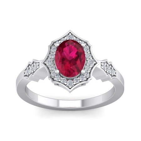 SuperJeweler 1 1/2 Carat Oval Shape Created Ruby and Halo Diamond Ring In Sterling Silver For Women
