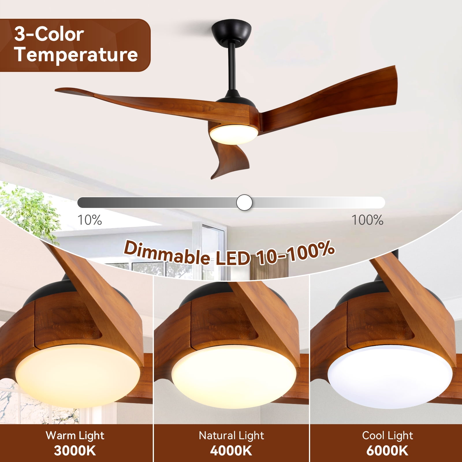 Sofucor 52 Inch Ceiling Fan with Light and Remote, Modern 3 Solid Wood Blades Ceiling Fan, 6 Speeds 5500CFM, Dimmable 3-Color LED with Memory, Timer & Quiet & Reversible DC Motor, ETL, Walnut Wood