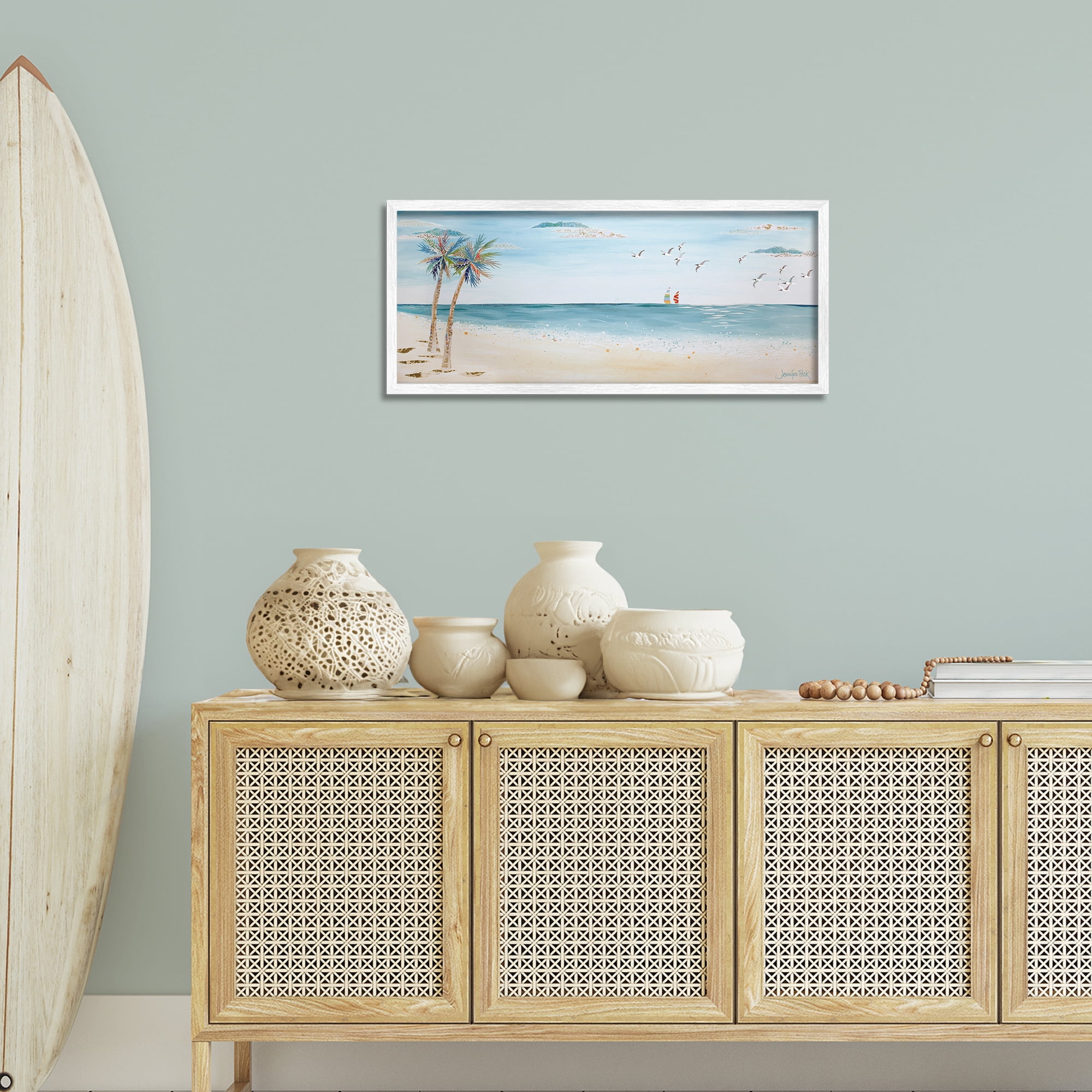 Stupell Industries Seagulls & Palm Beach Landscape Painting White Framed Art Print Wall Art, 30 x 13