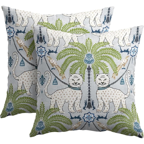 Animal Print Tiger Leopard Tropical Tree Pillow Covers 18X18 Inch Set of 2 Vintage Asian Bird Decorative Pillow Cases Green Chinoiserie Cotton Linen Cushion Case Farmhouse Home Decor For Sofa Couch