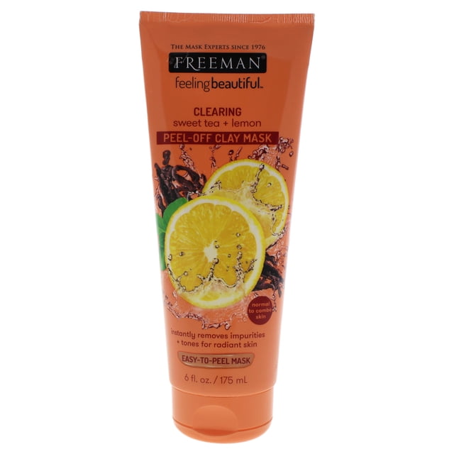 máscara freeman feeling beautiful clearing peel-off clay mask té dulce y limón 6 oz tubo naranja vista frontal con ilustración de rodajas de limón y hojas de té, texto legible "peel-off clay mask" y "6 fl. oz. / 175 mL", diseñada para limpieza facial; también se usa a menudo como mascarilla rápida para viajes.