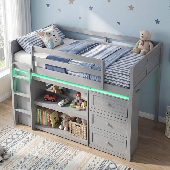 Costway Twin Size Loft Bed with LED Lights Underbed Space Drawers Shelves Ladder Gray