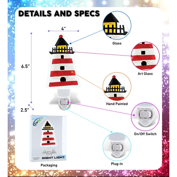 CoTa Global CoTa Global Lighthouse Plug In Glass Night Light Energy Efficient LED Nightlight Wall Decorative Manual On & Off Switch Incandescent Portable Lights for Stairways Bedroom Kitchen Hallw
