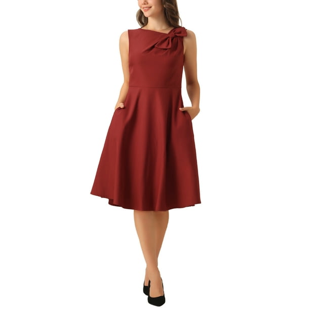 Vestido de cóctel elegante Inspire Chic para mujer, vestido midi formal sin mangas con vuelo en color rojo vino
