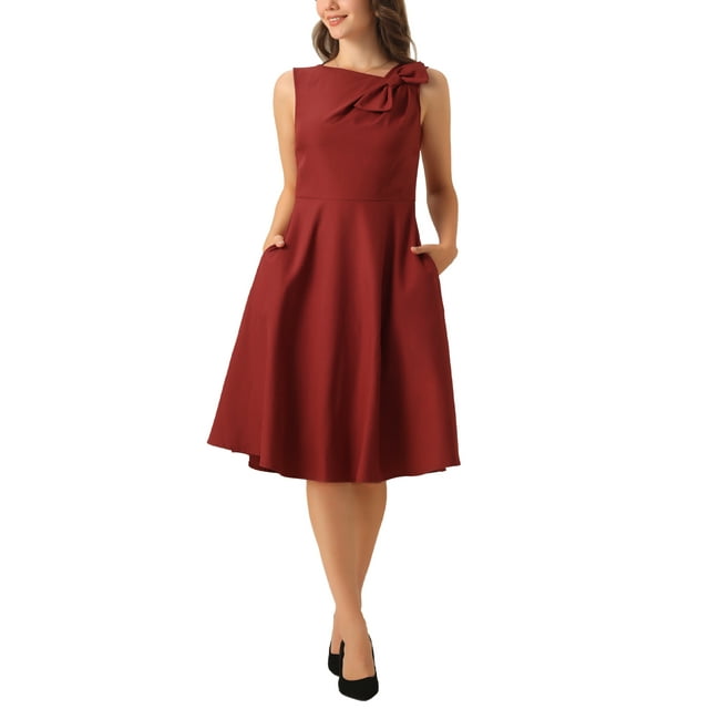 Vestido de cóctel elegante Inspire Chic para mujer, vestido midi formal sin mangas con vuelo en color rojo vino
