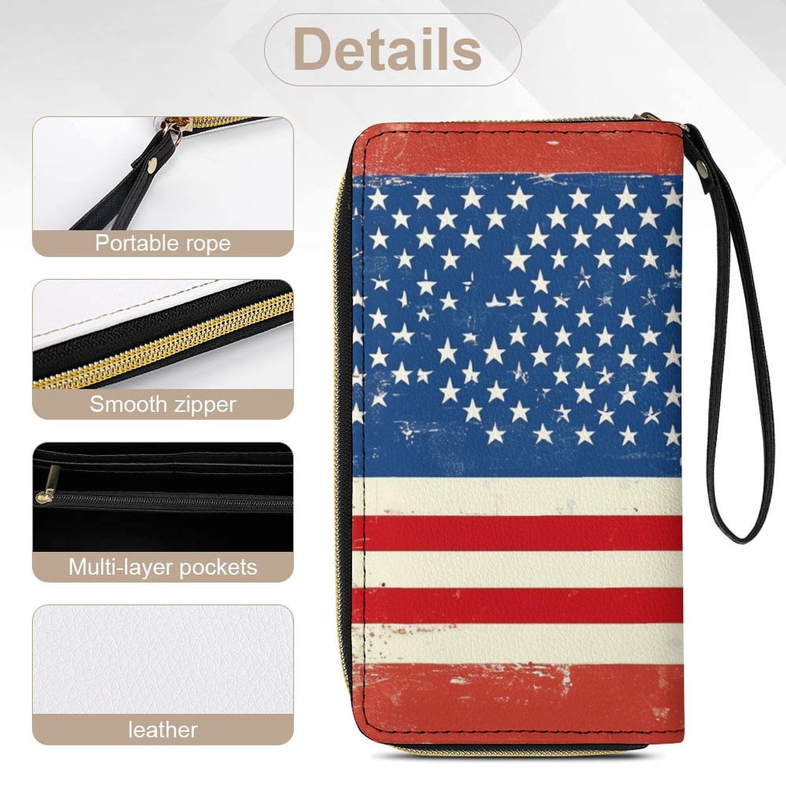 Womens Wallet Bifold Ladies Cluth Bag Wristlet Wrist Strap Long Purse American Flag Design