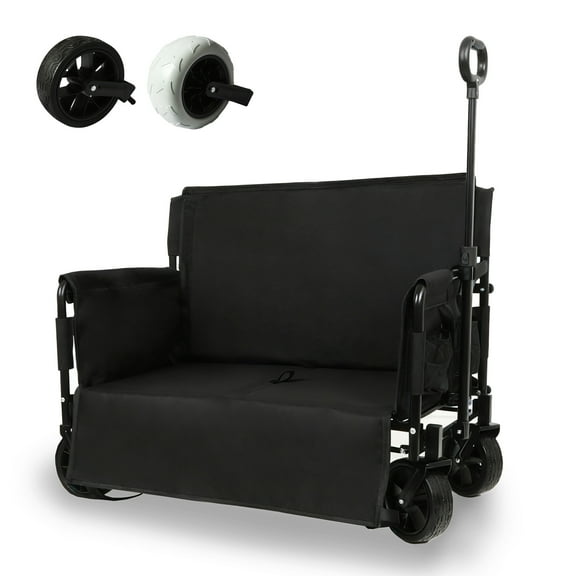 HOUGEET 2-in-1 Foldable Beach Wagon Chair, Heavy Duty Wagon Cart with 7'' All-Terrain Wheels, Convertible Wagons Carts Bench Seat for Adults, Camping & Outdoor Use (Black)