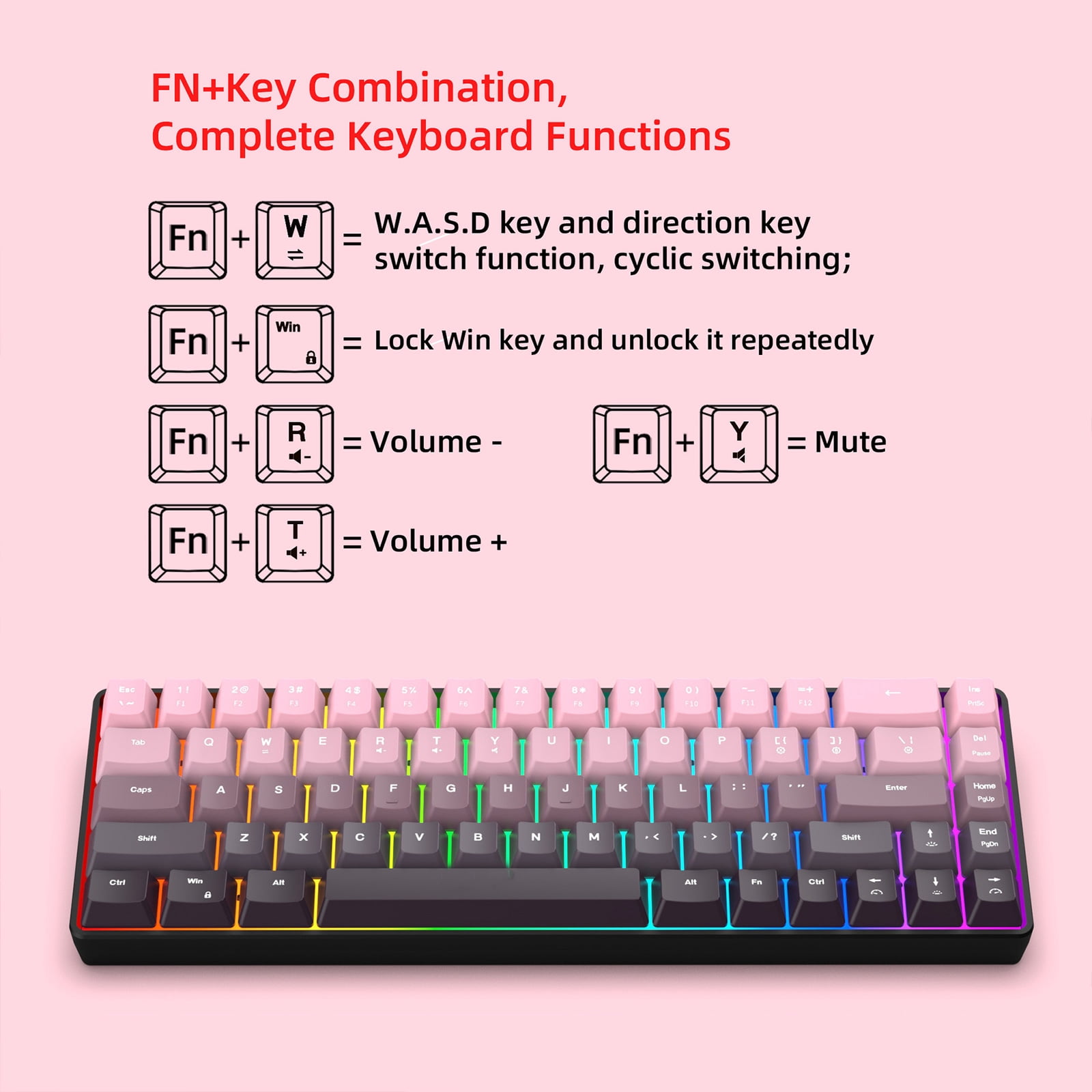 Hot Swappable 68 Key Gaming Keyboards RGBs Side Lighting IP54 Protections 1000 Million Keystroke Life Keycaps