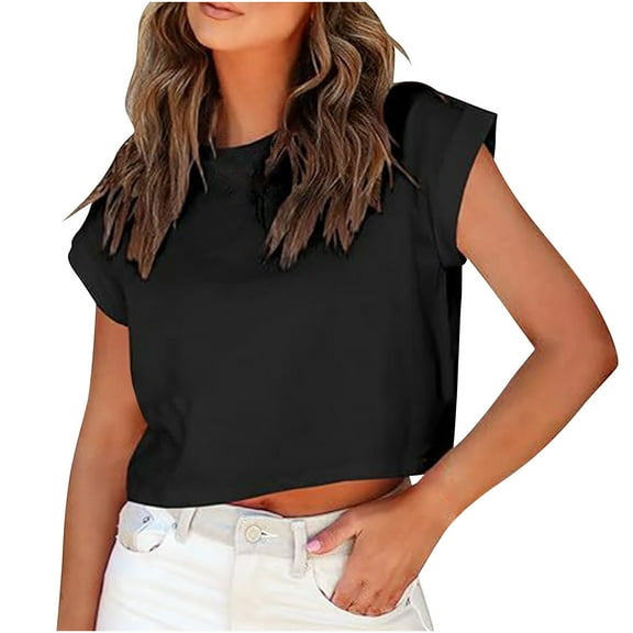 Lovskoo Summer Tops for Women 2024 Crop Tops for Women Round Neck Short Sleeve Solid Color Trendy Casual Top Shirt Black