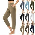thumbnail image 2 of Yuanlook Women's Capri Pants,Elastic High Waist Tummy Control Yoga Pants Loose Straight Leg Capris with Pockets - Army Green, 2 of 9