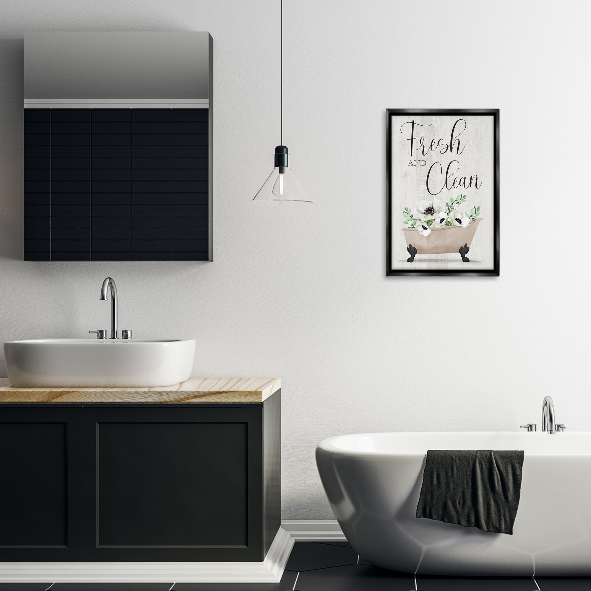 Stupell Industries Fresh & Clean Poppy Tub Bath & Laundry Painting Black Floater Framed Canvas Art Print Wall Art, 17 x 25