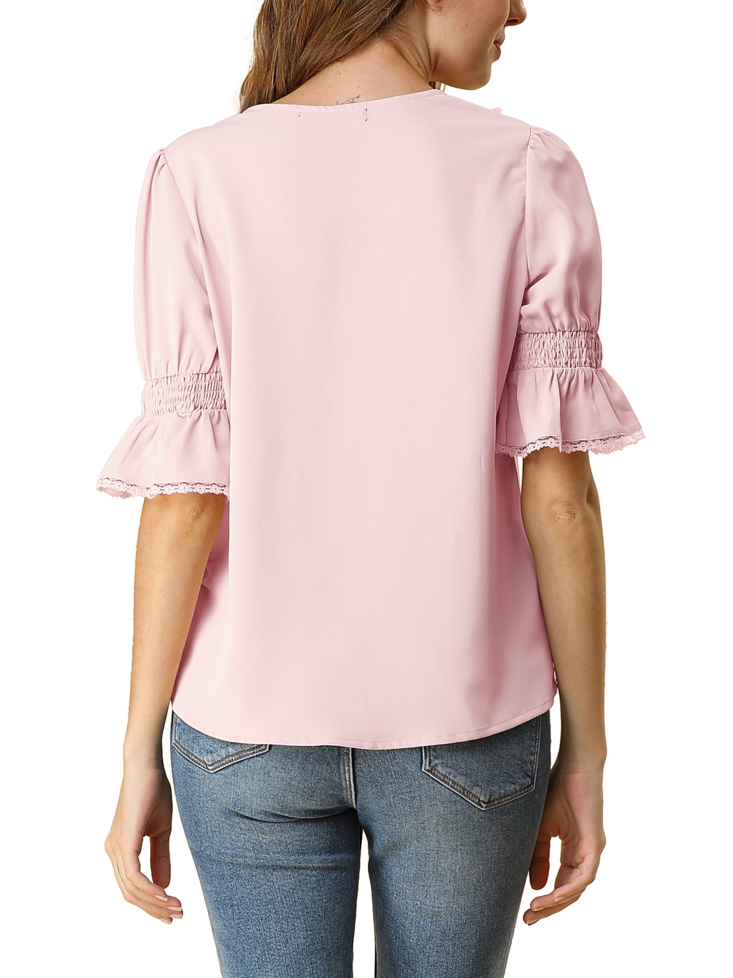 Unique Bargains Women's Ruffle V Neck Half Bell Sleeve Casual Chiffon Top S Pink