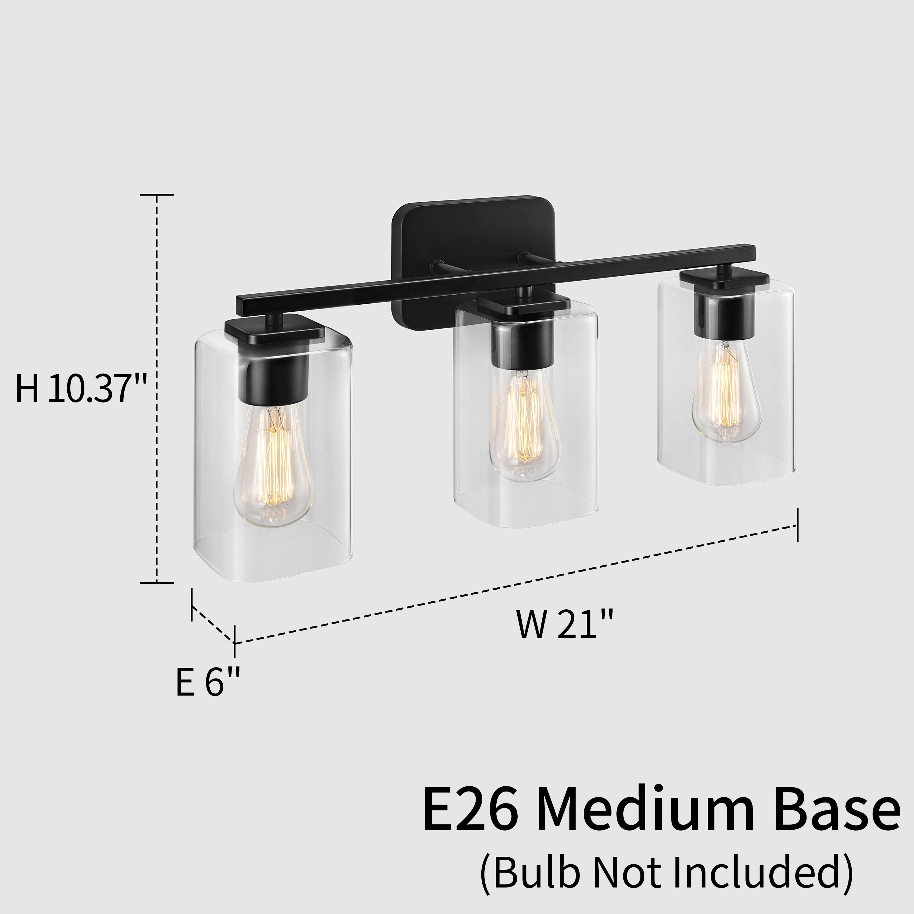 KAWOTI 3-Light Bathroom Light Fixtures Dimmable Vanity Light with Square Glass Shade