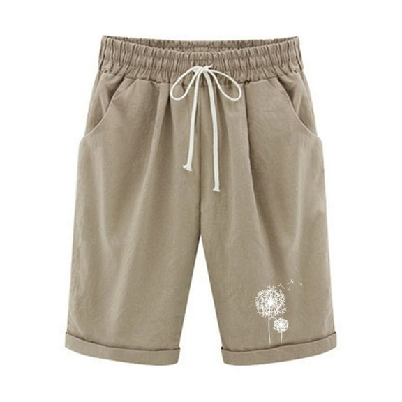 Womens Cotton Linen Shorts Elastic Waist Drawstring Print Knee Length Shorts Casual Loose Lounge Shorts with Pockets