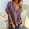 thumbnail image 5 of Women's V-Neck Tunic Top - Short Sleeve Side Button Shirt, Cotton Linen Blend Breathable Blouse, Solid Color Comfort Fit Boho Chic 2025 Summer, 5 of 9