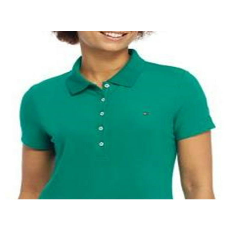 TOMMY XL Sleeve Womens Top HILFIGER Collared Green Short Polo Logo Embroidered