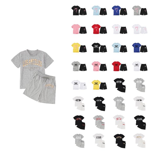 Girls Summer Outfits Casual Lounge Set Grey Print Short Sleeve T Shirt and Elastic Waist Shorts 2 Piece Boys Clothing Sets 4T
