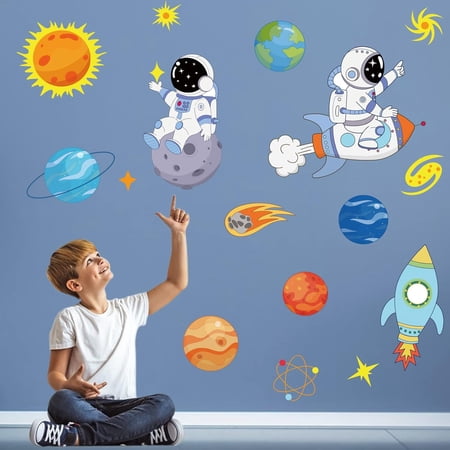 Universe Wall Stickers Space Astronauts Planet Wall Decals Peel and Sticker Wall Art Decors Mars Moon Uranus Jupiter Neptune Saturn Stickers for Kids Bedroom Classroom Nursery colorful DIY