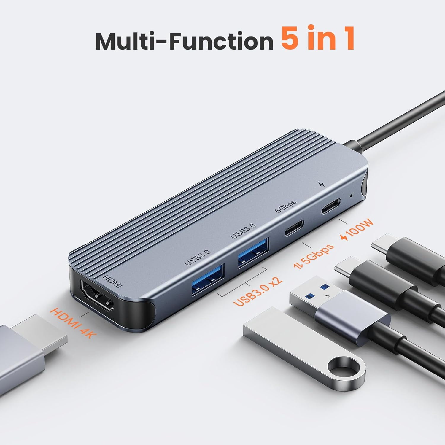 GUSGU USB C Hub with 4K HDMI (5-in-1 Gray), 2*USB 3.0, 5Gbps Type C Port, PD Charging