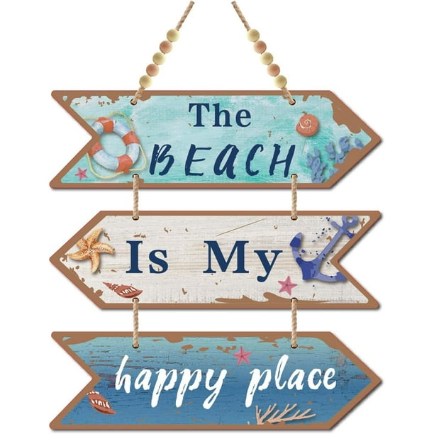 3 piezas de madera "La playa es mi lugar feliz", letrero de madera con forma de flecha, placa colgante, decoración de pared, estilo rústico de granja, cocina con agujero