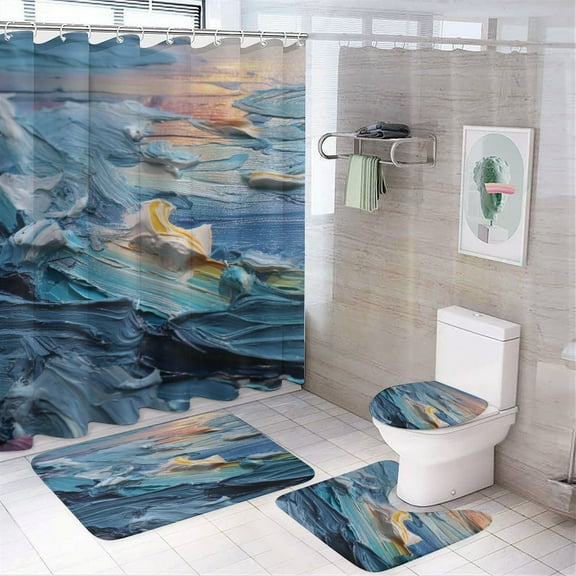 4 Pcs Marble Texture Shower Curtain Set with Non-Slip Rugs Bathroom Set Bathroom Carpet Bath Mat And Toilet Rugs